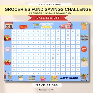 May include: Printable PDF grocery savings challenge chart. The blue chart features a grid with numbers and grocery-themed illustrations. Text includes "Groceries Fund" and "Save $1,500". A5 binder, instant download.