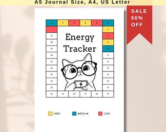 Cat Energy Tracker, Printable Health Journal (A5, A4, US Letter)
