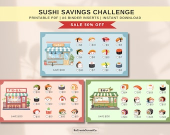 Kawaii Sushi Savings Challenge A6 Savings Inserts Cash Stuffing Binder Tracker Cash Tracker 2026 Savings Challenge Printable Kawaii Savings