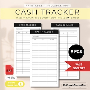 Puede incluir: Descarga digital de rastreadores de efectivo imprimibles. El diseño incluye el texto "CASH TRACKER" y "Descarga instantánea". Los rastreadores están diseñados para adaptarse a una carpeta A6 y están disponibles en tamaño carta. La imagen también incluye un banner "SALE 50% OFF".