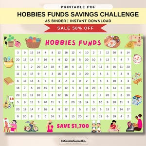 May include: A printable PDF savings challenge with the text "HOBBIES FUNDS SAVINGS CHALLENGE" and "SALE 50% OFF". The design features a grid with numbers and hobby-related illustrations, with a goal to save $1,700.