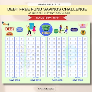 Op de afbeelding: Afdrukbare PDF-spaaruitdaging met de tekst "DEBT FREE FUND SAVINGS CHALLENGE". De A5-map bevat een directe download. Het ontwerp heeft een raster met nummers en de woorden "DEBT FREE FUND."