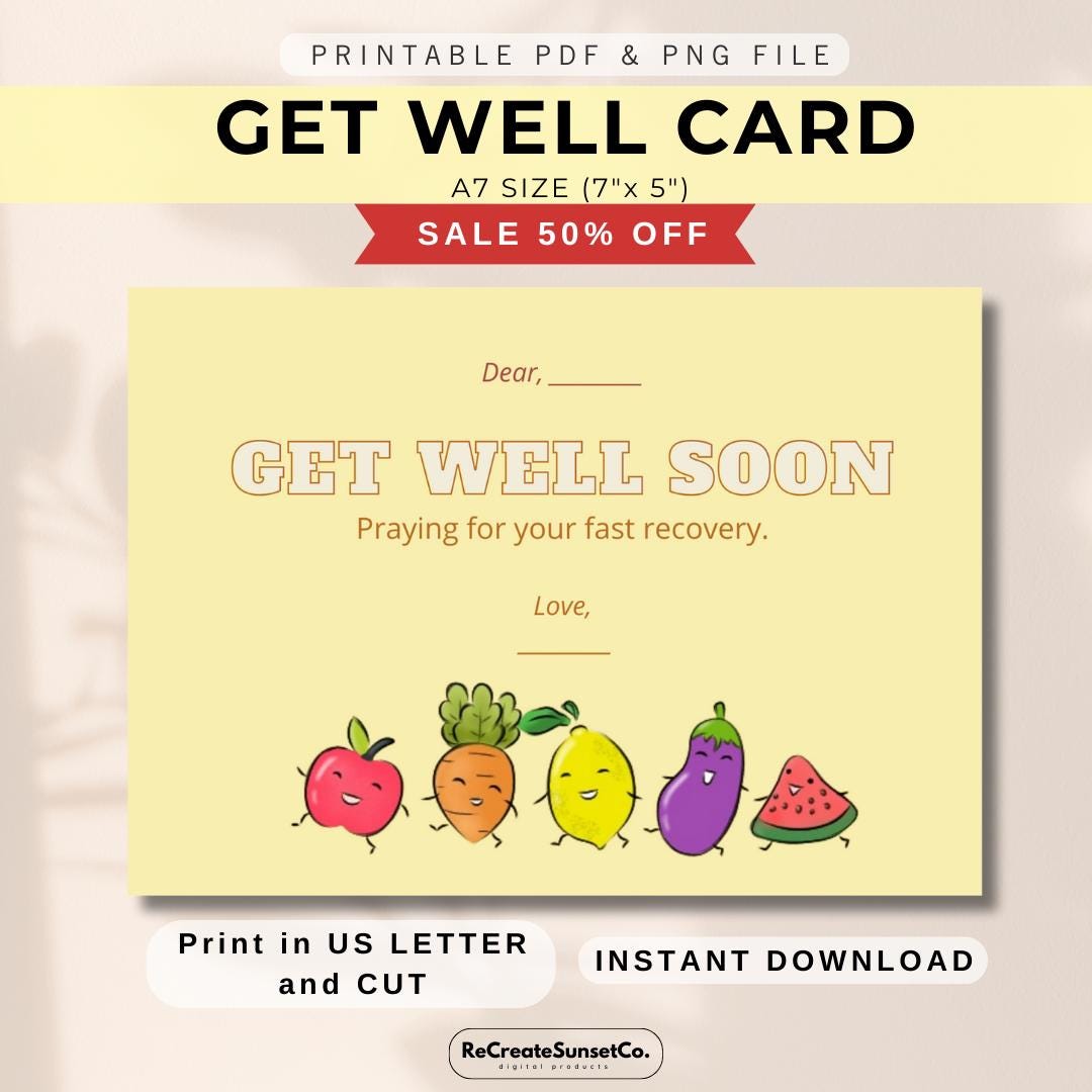 Printable Get Well Card: A7 Sympathy or Sickness Card (instant Download ...