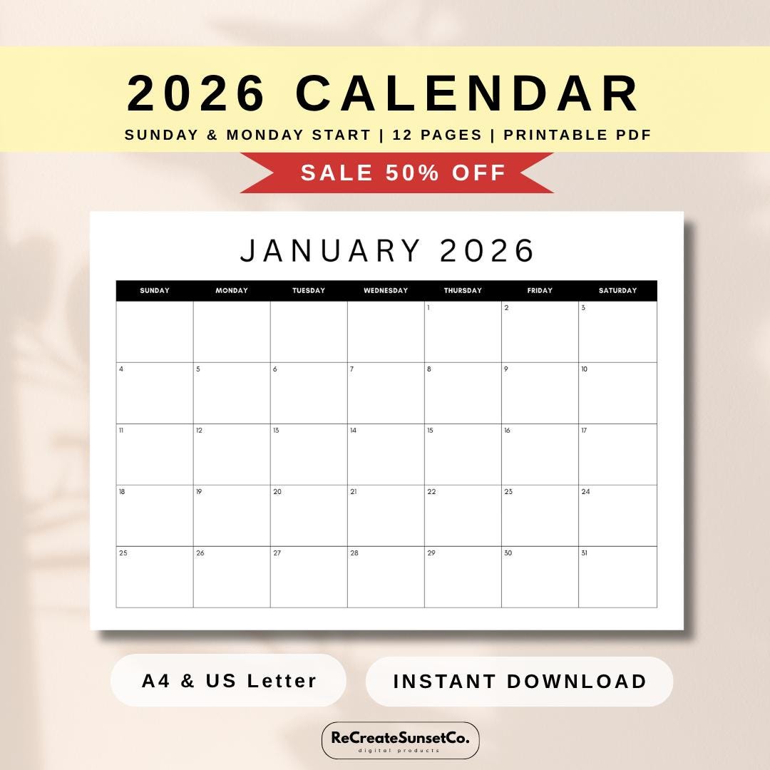 2026 Monthly Calendar: Minimalist A4, US Letter (PDF Download) - Etsy