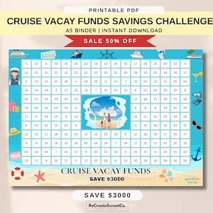 May include: Printable PDF cruise holiday savings challenge chart with a blue background. The chart has a grid of numbers, icons of cruise ships, and the text "Cruise Vacay Funds Savings Challenge". It is an A5 binder and instant download.