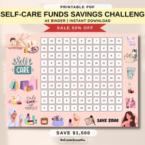 以下が含まれることがあります： ピンク色の背景に、スパトリートメント、美容製品、ショッピングバッグのイラストが描かれた、印刷可能なPDFのセルフケア貯蓄チャレンジ。テキストには「Self-Care Funds Savings Challenge」と「1,500ドル節約」と書かれています。