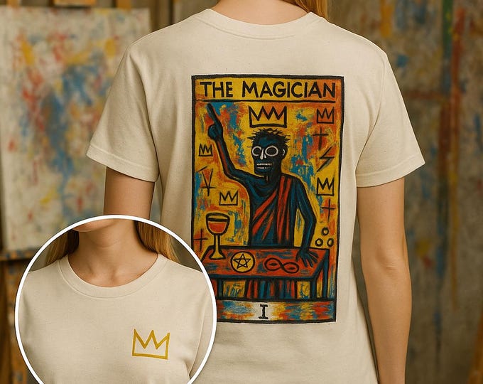 Featured listing image: The Magician Tee | Basquiat-Inspired Art T-Shirt | Tarot Crown Graphic | Organic Cotton Unisex Streetwear | Eco-Friendly  | Art Gift