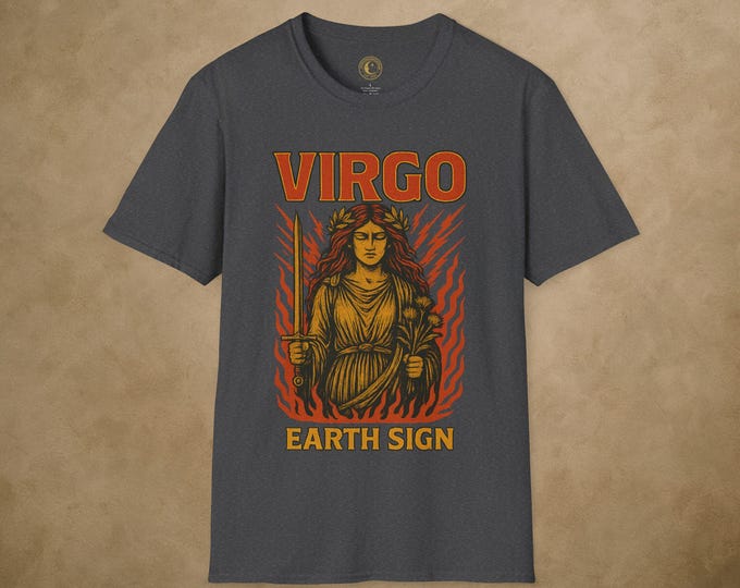 Featured listing image: Virgo Zodiac Rock T-Shirt – Astrology Earth Sign Tee – Virgo Birthday Gift – Vintage Horoscope Unisex Shirt – Spiritual Virgo Shirt