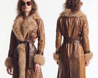 Women’s Shearling Leather Coat , Vintage Brown Belted Long Jacket with Fur Collar & Cuffs