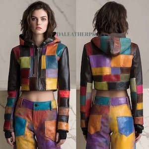 Women's Multicolor Patchwork Leather Cropped Hooded Jacket