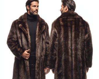 Herren Luxus Echter Nerz Pelzmantel, Dunkelbrauner Vollpelz Wintermantel