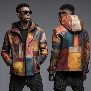 Herrhuvtröja i läder med patchworkmönster: Vintagejacka med sliten dragkedja