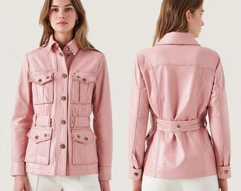 Women’s Pink Leather Utility Jacket , Belted Military Style Coat with Cargo Pockets, Chic Outerwear