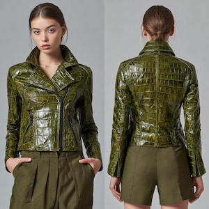 Crocodile Embossed Leather Biker Jacket: Handmade Green Glossy Finish