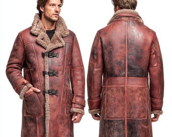 Vintage Distressed Shearling Leather Coat for Men , Long Sheepskin Winter Jacket