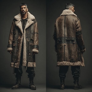 May include: A long, brown leather coat with a shearling collar and lining. The coat features multiple pockets, button closures, and a distressed finish. The model is wearing black pants and boots. The coat appears to be a vintage or military-inspired design.