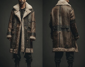 Men’s Shearling Leather Trench Coat , Vintage Distressed Long Sheepskin Jacket