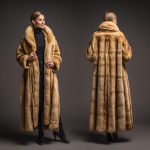 May include: A long, light brown fur coat with a large collar. The coat is displayed from the front and back, worn by a woman. The coat reaches the floor and has a vertical design.