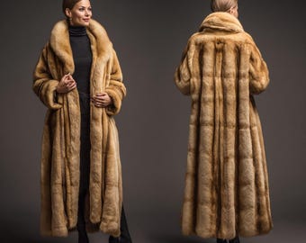 Luxury Golden Brown Mink Fur Coat: Full-Length Winter Overcoat