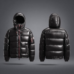 Peut inclure: Veste matelassée noire avec capuche, présentée de face et de dos. La veste a une finition brillante, une fermeture éclair rouge et un petit écusson sur la manche gauche. Conçue pour le froid.