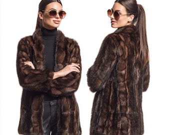 Luxury Real Mink Fur Jacket for Women , Genuine Brown Winter Coat