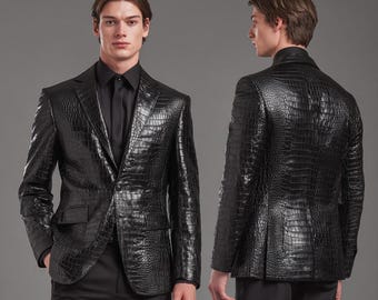 Black Crocodile Embossed Leather Blazer: Slim Fit Cow skin Party Jacket