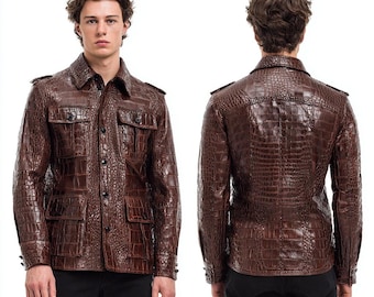 Chaqueta de lujo para hombre en piel de vacuno con relieve de cocodrilo, chaqueta de diseño marrón hecha a mano.