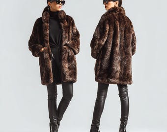Real Mink Fur Coat for Women , Luxury Brown Long Mink Jacket