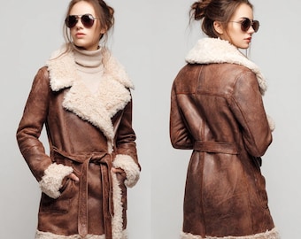 Women’s Brown Shearling Sheepskin Coat , Real Leather Winter Jacket with Cream Fur Lining