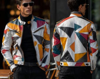 Men’s Handmade Patchwork Leather Jacket , Retro Multi-Color Geometric Biker Coat