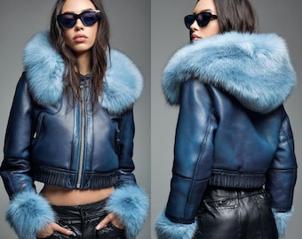 Women’s Blue Leather Cropped Jacket with Fox Fur Hood & Cuffs , Winter Bomber Coat