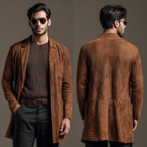 May include: A brown suede coat with a notched lapel and two front pockets. The coat is worn over a brown sweater and paired with gray pants and a brown belt. The image shows the front and back of the coat.