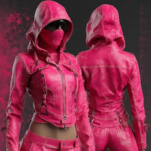 Rosa läderjacka med huva: Damjacka med edgy streetwear-mönster