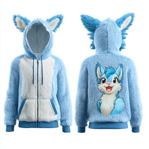 May include: A light blue furry hoodie with a hood featuring large, upright ears. The front has a white panel and pockets, and the back displays a cartoon fox character. The hoodie has a zipper closure and blue trim.