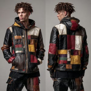 Pode incluir: Casaco de couro com capuz e patchwork multicolorido, com preto, castanho, vermelho, amarelo e branco. O casaco tem fecho de correr e é usado com calças pretas. O design é uma mistura de formas geométricas.