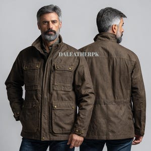Men’s Brown Waxed Cotton Field Jacket , Vintage Military Utility Jacket