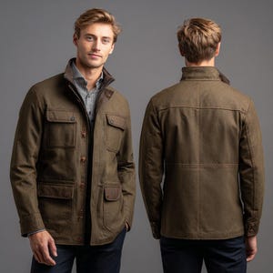 May include: A brown jacket with four front pockets, a button-up closure, and a collar. The jacket has a rugged, outdoorsy look, with a contrasting brown collar and pocket accents. The jacket is shown from the front and back.