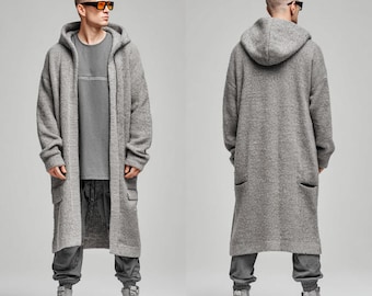 Men’s Long Hooded Fleece Cardigan , Oversized Sweater Coat ,Duster Spring Jacket