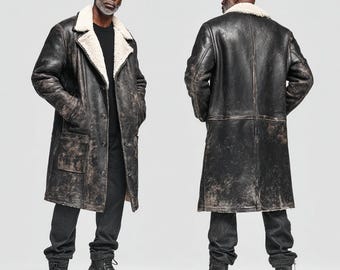 Men’s Distressed Shearling Leather Overcoat , Vintage Long Black Sheepskin Trench Coat