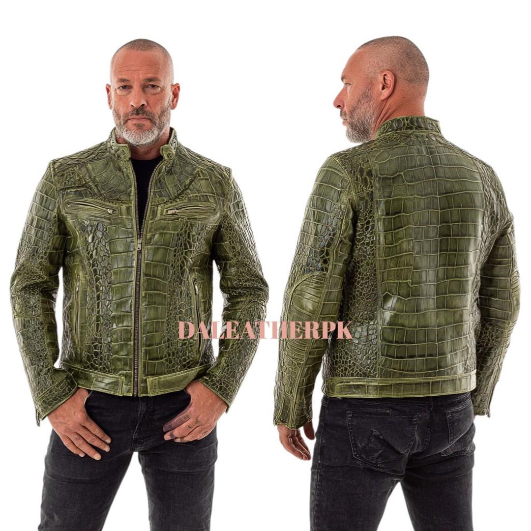Green Crocodile Embossed Leather Jacket: Men's Luxury Alligator