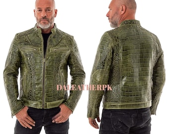 Green Crocodile Embossed Leather Jacket: Men's Luxury Alligator Jacket