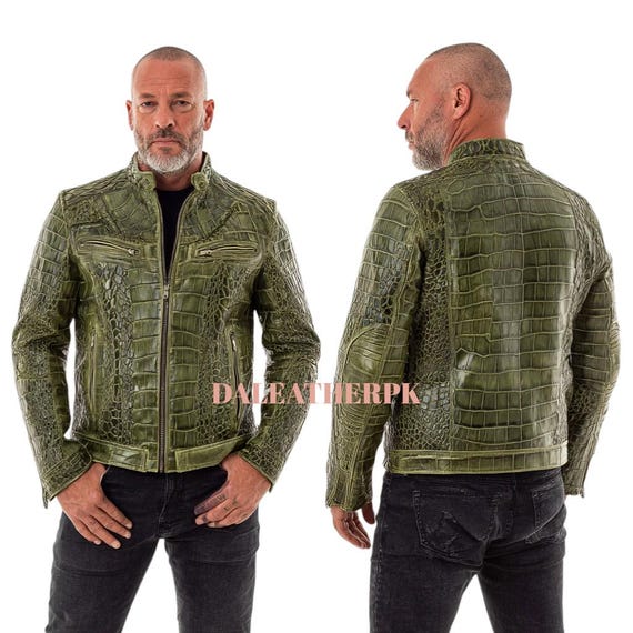 Green Crocodile Embossed Leather Jacket: Men's Luxury Alligator