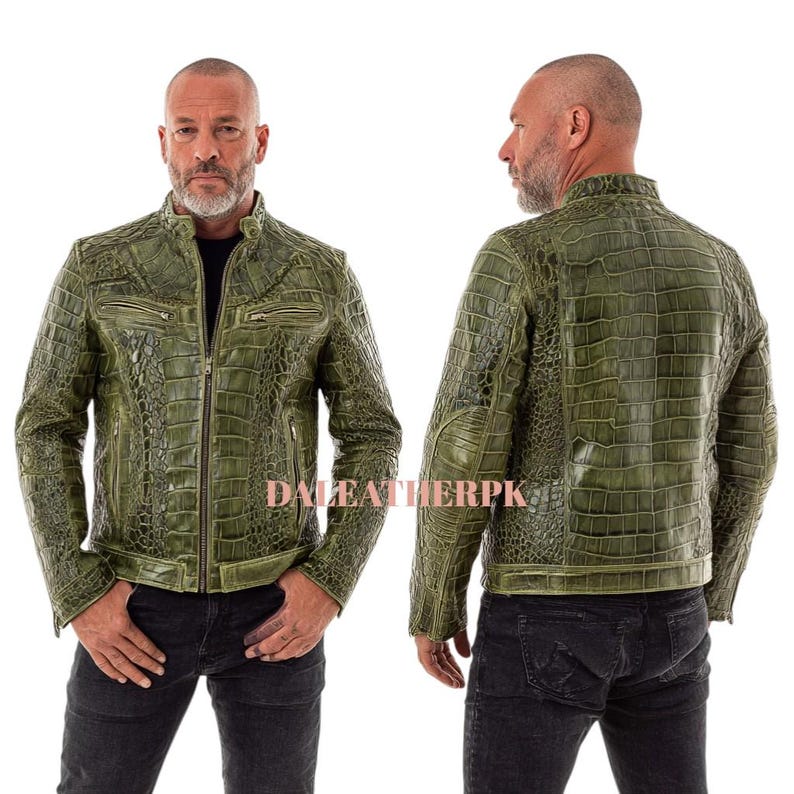 Green Crocodile Embossed Leather Jacket: Men's Luxury Alligator Jacket image 1
