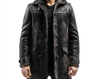 Men’s Distressed Shearling Coat , Genuine Sheepskin Leather Winter Jacket