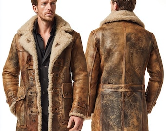 Men’s Distressed Brown Shearling Coat , Real Leather Sherpa Jacket
