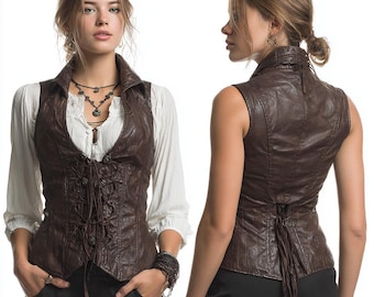 Vintage Brown Leather Corset Vest: Steampunk Lace-Up Waistcoat