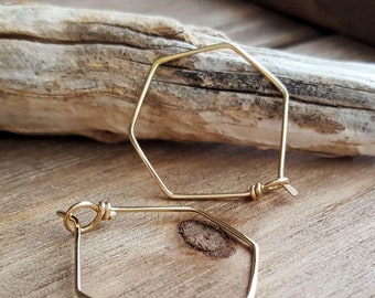 Gold Hoops, Hexagon Earrings, 14k Gold Filled Hoops, Geometric, Everyday Earrings, Hexagonal, Minimalist, Simple, Light Weight