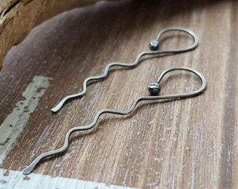 Wavy Hoops, Sterling Silver Threaders, Long Earrings, Hammered, Extra Long Earrings, Minimalist, Choice of finish and gauge