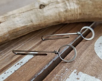 Long Drop Earrings, Oxidized Sterling Silver, Hammered Circles, Rectangle, Unique, Threaders, Skinny, Rustic, Antiqued