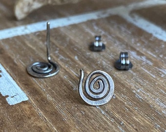 Swirl Stud Earrings - Oxidized Sterling Silver Posts - Spiral Earrings - Rustic - Simple - Minimalist - Hammered Earrings